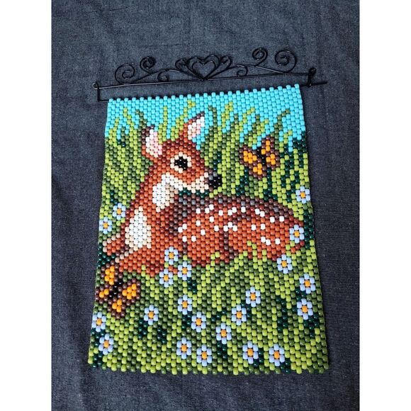 Vintage‎ Complete Pony Bead Flag Deer Fawn Flowers Field Outdoors Wall Art Decor - Picture 1 of 7
